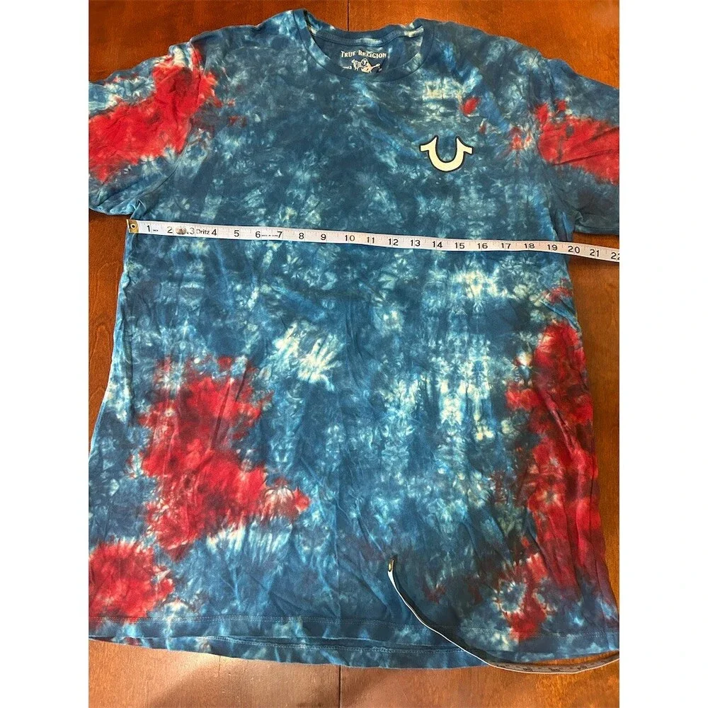 True Religion T-Shirt Mens L Blue Red Tie Dye World Tour Buddha Guitar